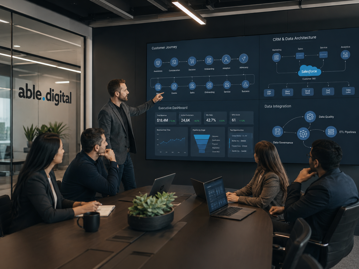Able.Digital team reviewing CRM, Salesforce, and data strategy in a modern meeting room.